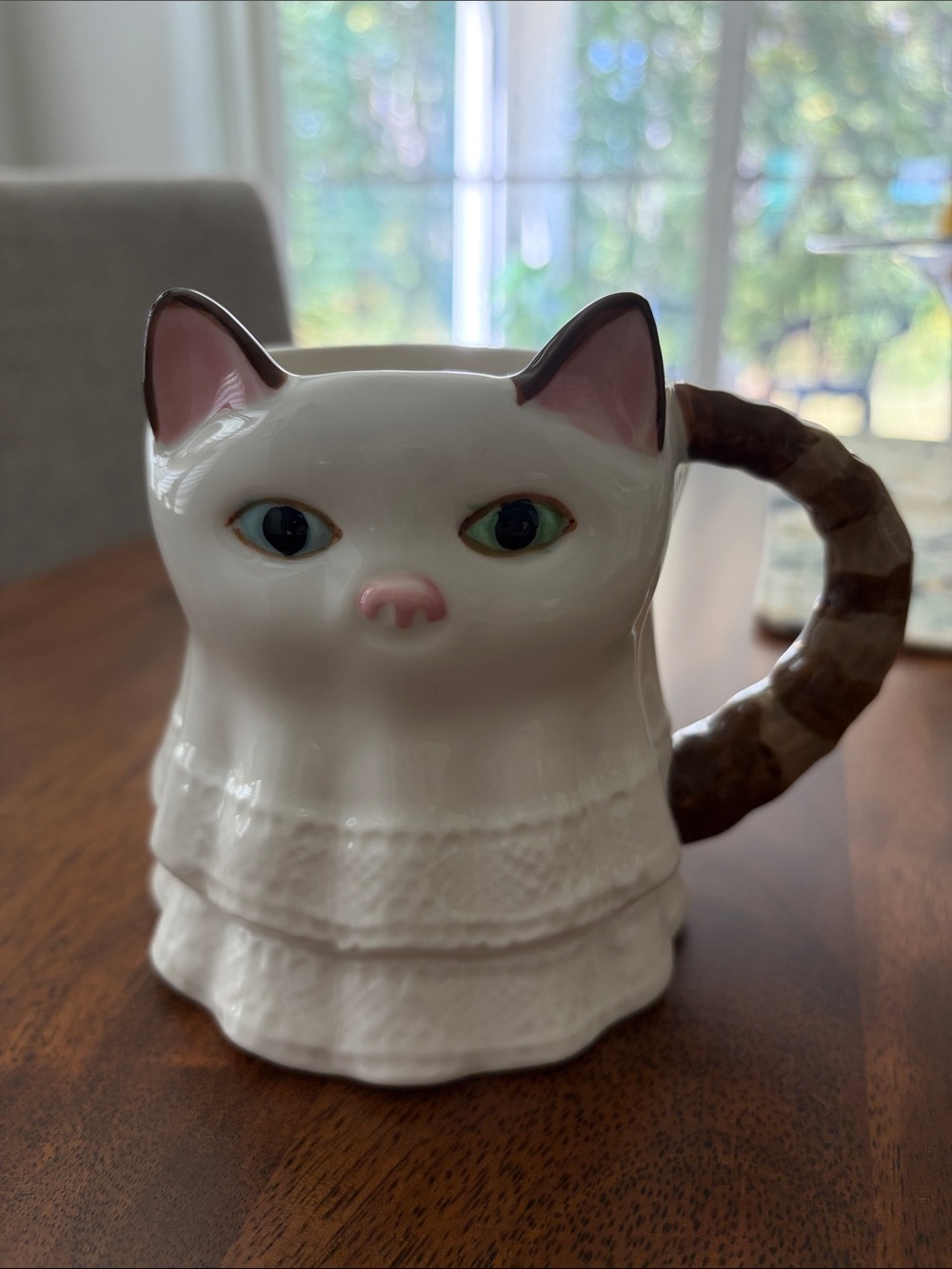 Anthropologie White Cat Mug with Brown Striped Tail Handle